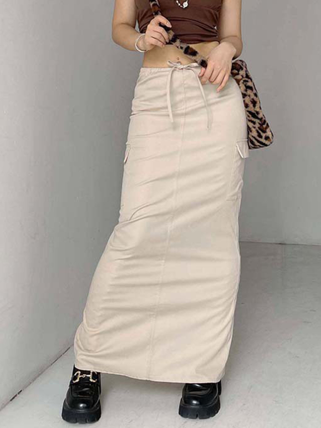 GILIPUR Saia maxi cargo feminina casual com bolso e cordão na cintura MH004
